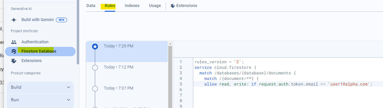 Firestore console showing a rule that restricts access.